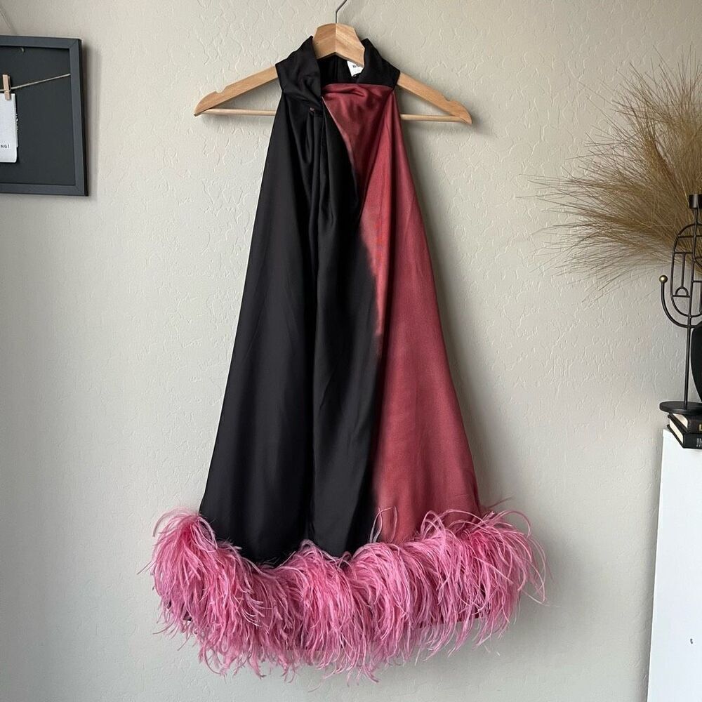 Satin Halter Feather Hem Mini Dress - Black & Rose Pink - Picture 2 of 11
